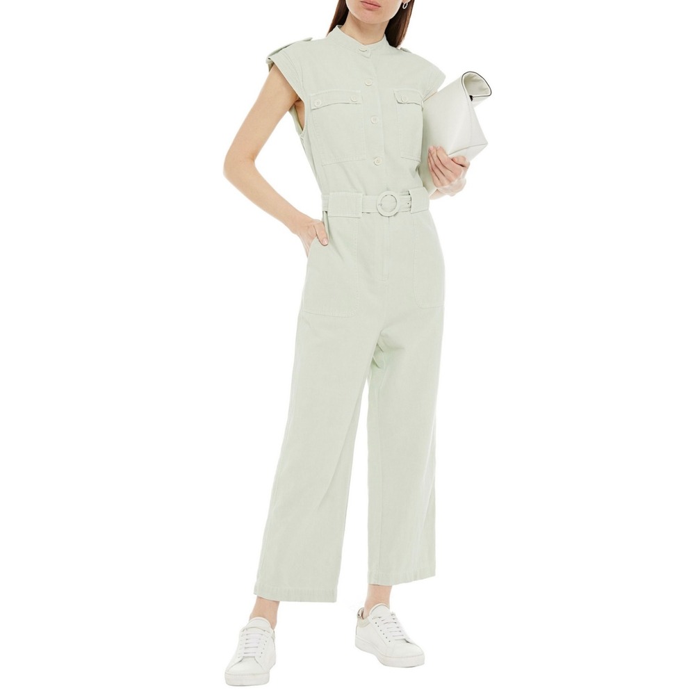 Sandro Paris Romine Jumpsuit 40 (8) Belted Cotton Linen Blend Utility Mint Green